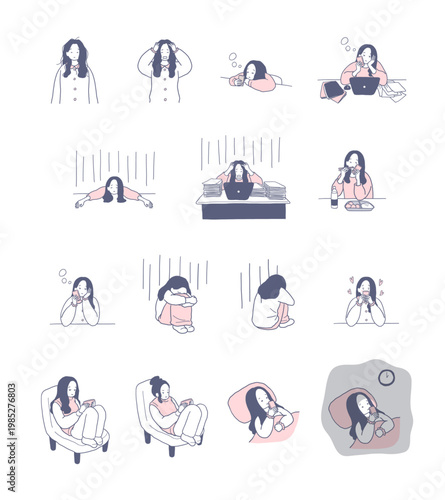 落ち込んだりネガティブな感情の女性のイラストセット