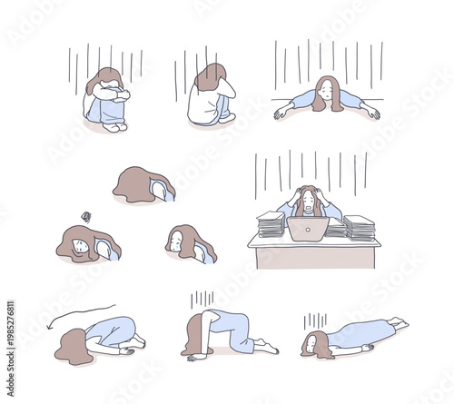 ネガティブな感情の女性のイラストセット