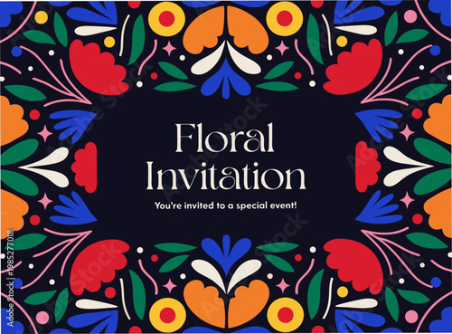 Modern Folk Art Illustration of a Floral Envelope with Symmetrical Flower Border