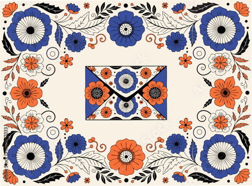 Modern Folk Art Illustration of a Floral Envelope with Symmetrical Flower Border