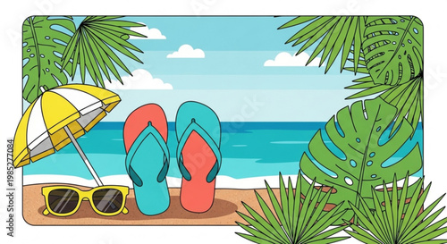 Colorful beach scene with flip flops sunglasses and umbrella on sandy shore surrounded by palm trees