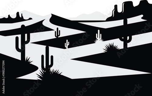 black and white desert landscape with cacti and mountains, vector illustration