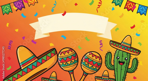 Vibrant mexican fiesta elements with sombreros maracas and cactus on gradient background with confetti