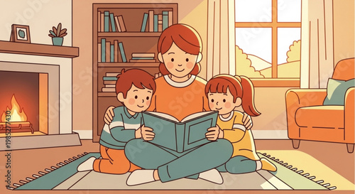 Woman reading book to two children sitting by fireplace in cozy living room with warm lighting
