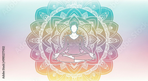 Serene meditation illustration with rainbow mandala background and faceless yogi in lotus position promoting relaxation and mindfulness in a peaceful atmosphere with soft pastel
