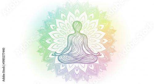 Meditating person in lotus position with rainbow mandala background for mindfulness and relaxation concepts