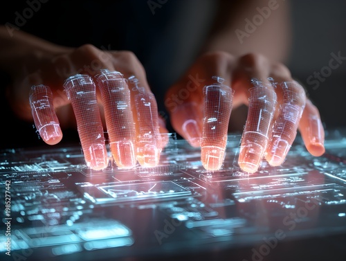 Futuristic interactive human and machine interface with fingers touching complex digital hologram dashboard