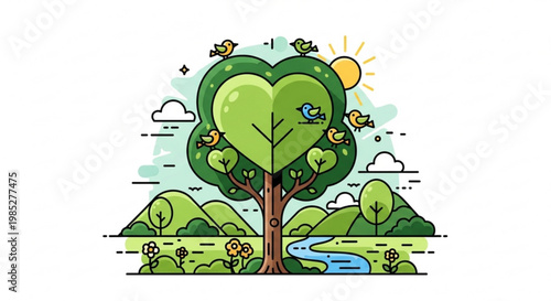 Heart shaped tree with birds and sun in natural landscape with stream and hills