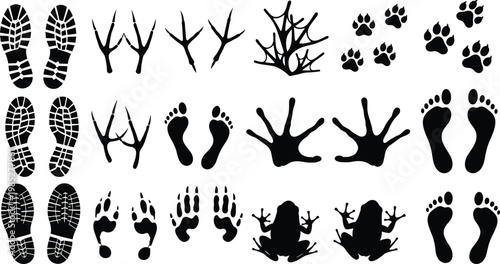Animal footprints and traces icons for nature and outdoor themes on checkered background.
