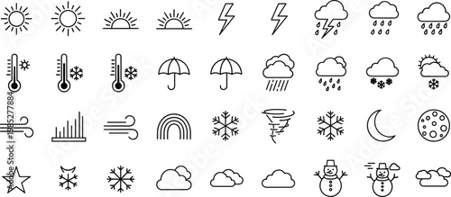 Weather icons collection with sun, rain, snow, wind and clouds on checkered background.