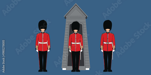 Three British royal guards standing outside a booth in uniform with bearskin hats.
