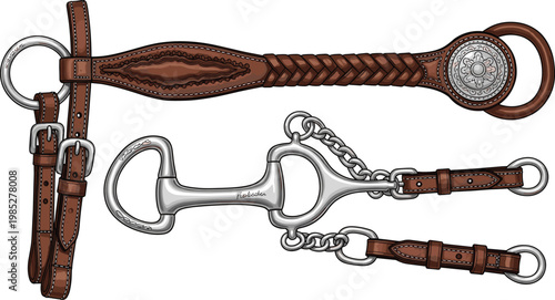 Collection of horse tack including leather bridle and metal bits with buckles.