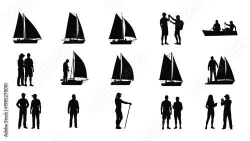 A collection of black silhouette illustrations depicting sailboats people and maritime scenes high quality professional detailed