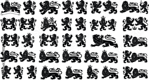 Collection of lion symbols and crests for heraldry and design, isolated on transparent background.