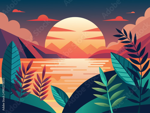 Modern flat design illustration of sunset lake landscape with tropical leaves and mountains background
