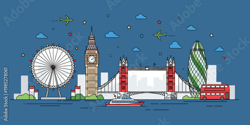 London skyline with famous landmarks like Big Ben and Tower Bridge, iconic city view.
