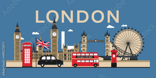 Famous London attractions including Big Ben and Tower Bridge, city with bus and phone booth.