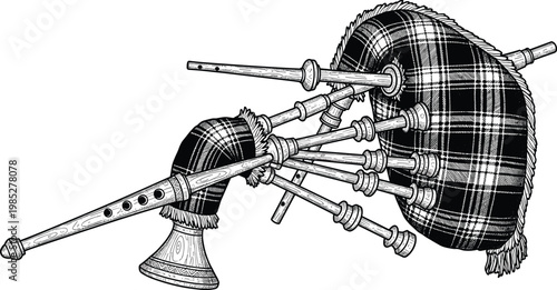 Traditional Scottish bagpipes with tartan bag, musical instrument illustration.
