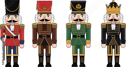 Four nutcracker soldiers in uniform, Christmas decoration characters.