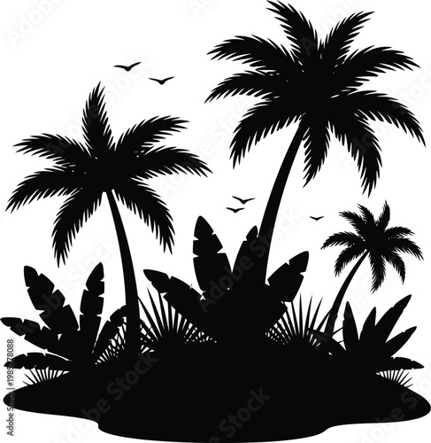 Tropical island with palm trees and birds in silhouette on white background