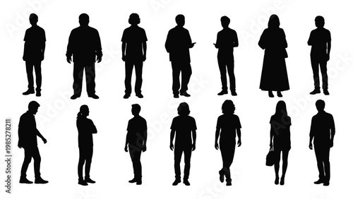 A collection of black silhouettes depicting diverse people in various everyday poses and clothing high quality