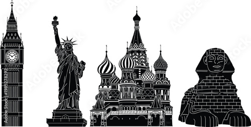 Famous world landmarks silhouette collection big ben statue of liberty saint basils cathedral and sphinx vector illustration.