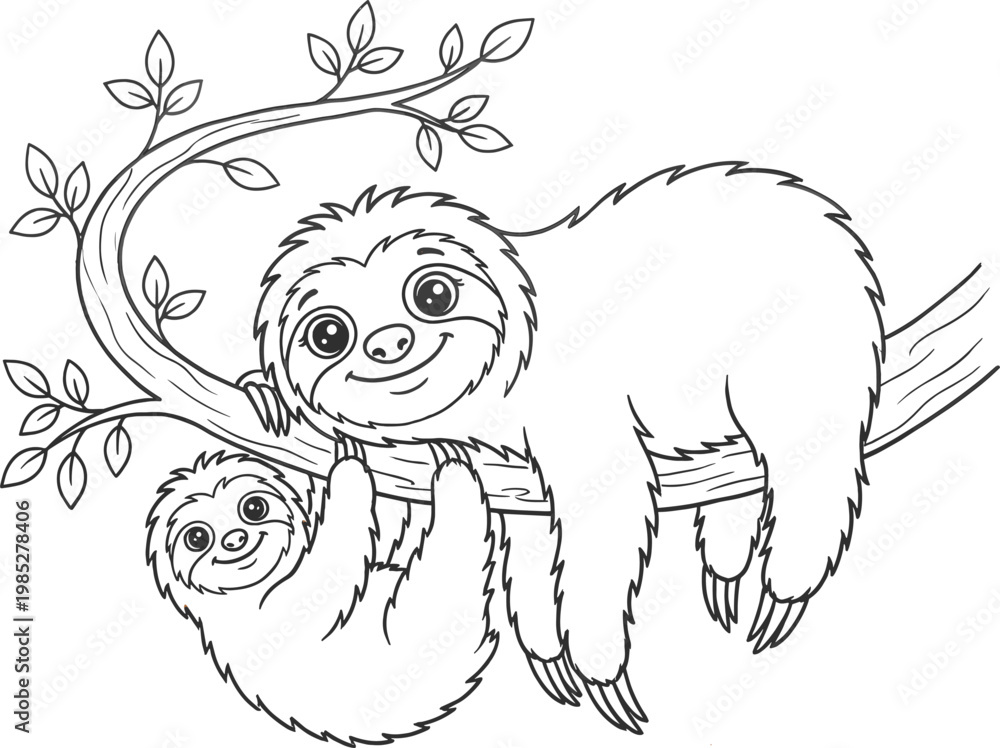 Naklejka premium Cute sloth mother and baby hanging on tree branch line art illustration, adorable jungle animal coloring page style drawing