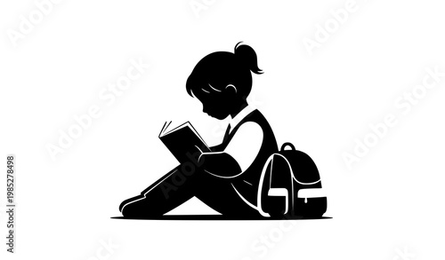 Abstract school kid reading book with backpack silhouette vector isolated on white background
