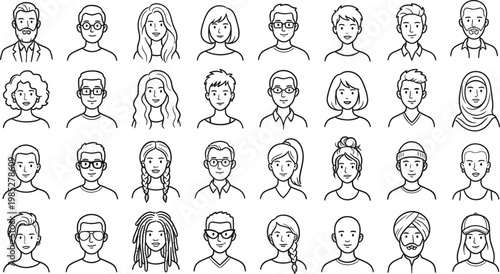 Diverse people avatar icons collection hand drawn line characters set including men women different hairstyles glasses and cultural appearance