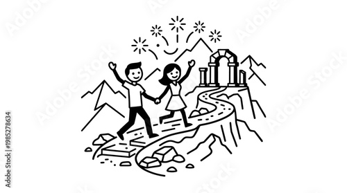 Couple Hiking to a Scenic Mountain Landmark