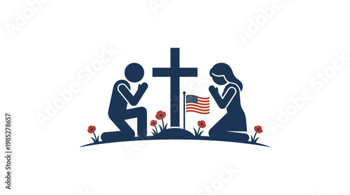 People Praying at Cross with American Flag