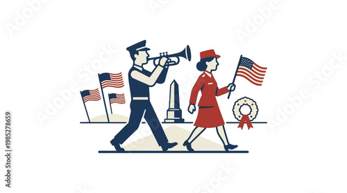 Memorial Day Parade Procession with Flags and Trumpet