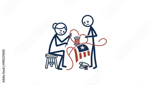 People Repairing American Flag Symbolizing Hard Work