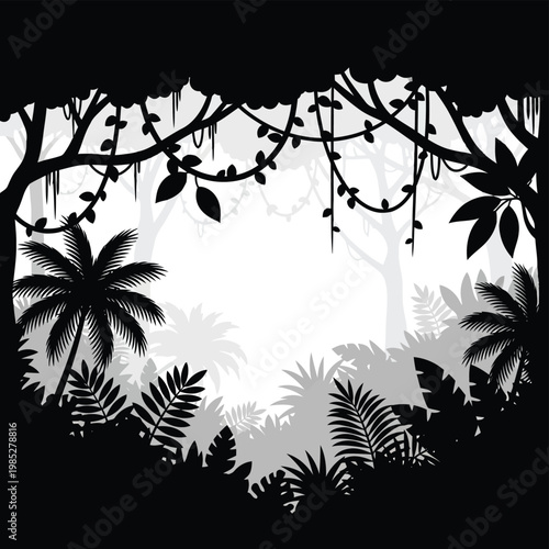tropical jungle foliage silhouette with palm trees and plants on white background for overlay