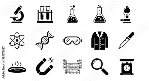A 3x5 grid of black silhouette icons representing various science equipment and concepts