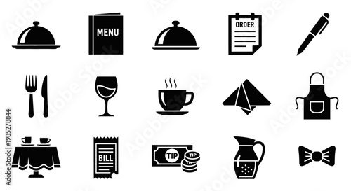 A collection of 15 black silhouette icons related to dining and restaurant service