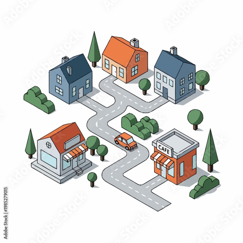 Colorful illustration of a suburban neighborhood.