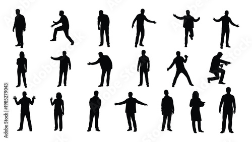 A collection of black silhouettes depicting diverse human poses and actions against a white background