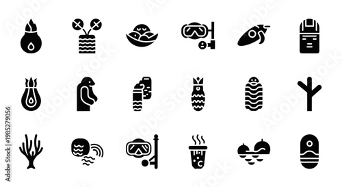 A grid of 20 black silhouette icons depicting tropical and outdoor items