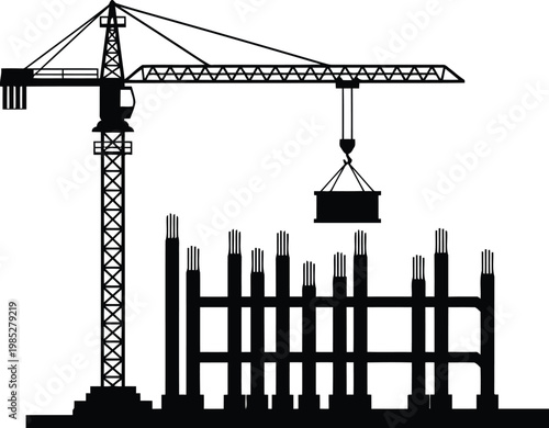 construction crane lifting concrete block for building foundation structure