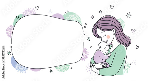 Mother, baby, love, family, illustration, vector, purple hair, green shirt, pink, hearts, stars