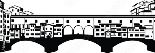 Black and white illustration of a bridge with buildings on it in Italy cityscape