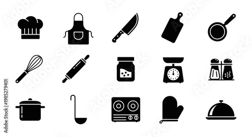 Black and white icons depicting various kitchen tools and chef apparel arranged in three rows