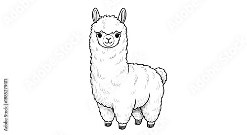 Cute Alpaca Illustration, Black and White Line Art, Adorable Cartoon Animal