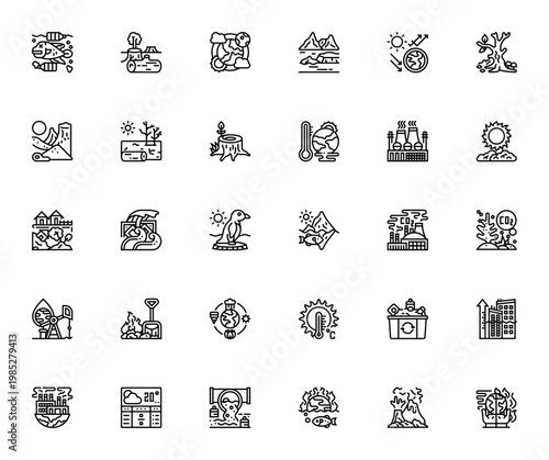 Climate change icon set. Vector symbols for global warming, pollution, deforestation, greenhouse effect, natural disasters and more. Editable thin line icons.