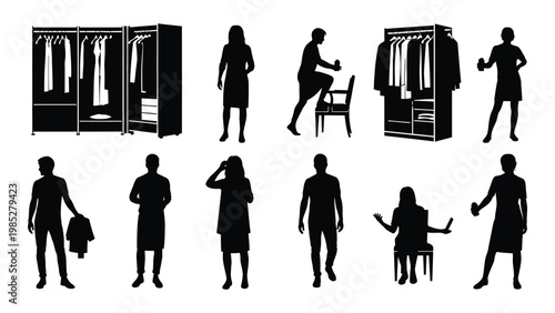 Black silhouettes depict people interacting with clothing racks and posing in various stances high quality professional