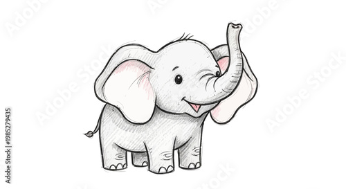 Cute baby elephant drawing, happy, waving trunk, white background