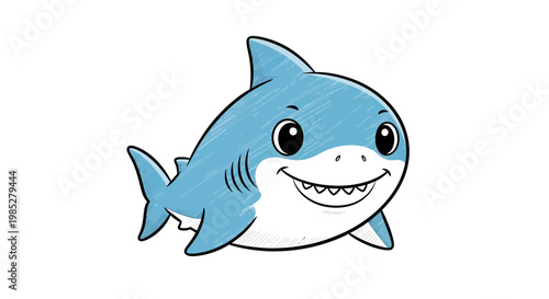 Cute cartoon baby shark smiling, blue, white background, illustration