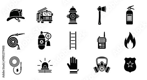 Black and white icons related to firefighting and rescue services