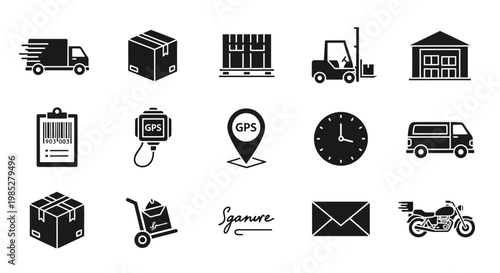 Black and white icons related to logistics delivery and tracking services